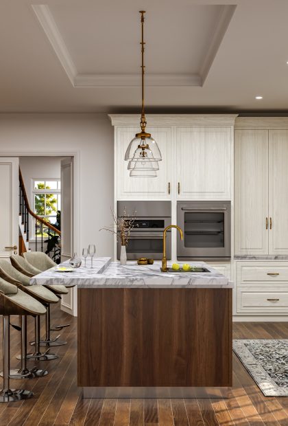 Arabescato Corchia marble countertops and full-height backsplash in a white kitchen with a walnut island and brass hood