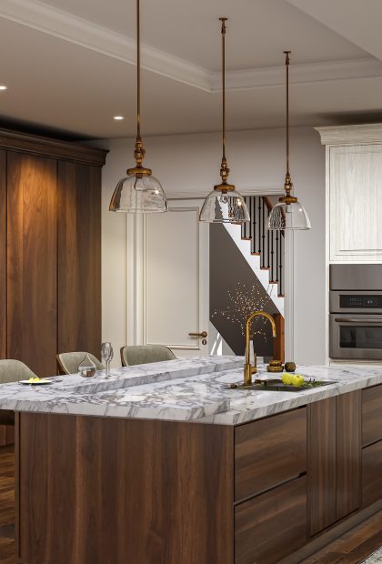 Walnut kitchen island with a two-level Arabescato Corchia marble countertop, brass faucet and glass pendant lights