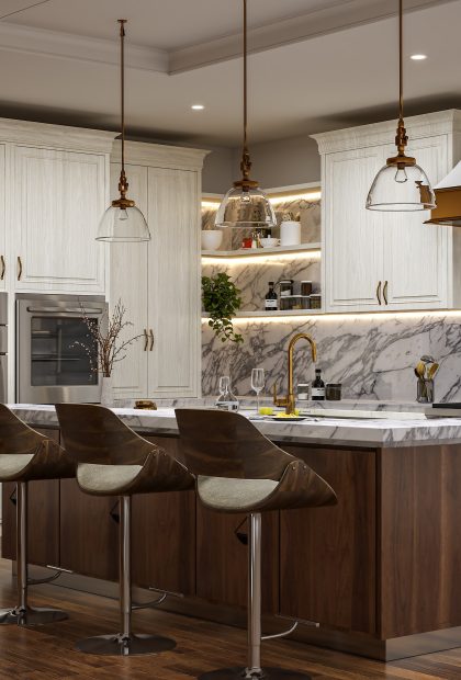 Arabescato Corchia marble island and backsplash with four bar stools, open shelves, under-cabinet lighting and white cabinets