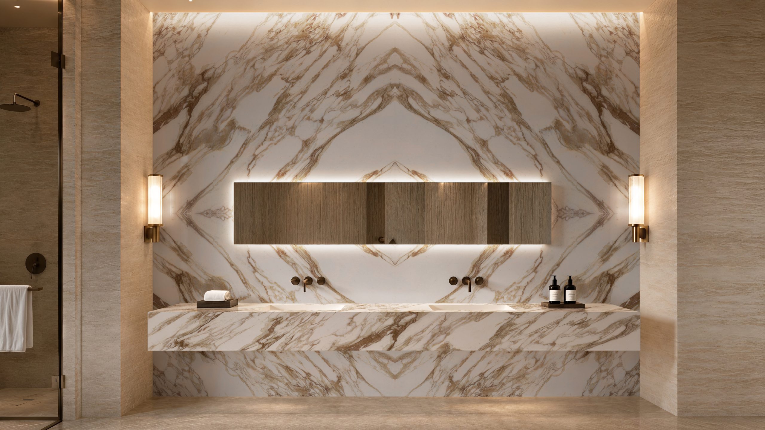 AuthTerra Calacatta Vagli Gold 9105 bookmatched bathroom wall with floating double vanity and backlit mirror 9