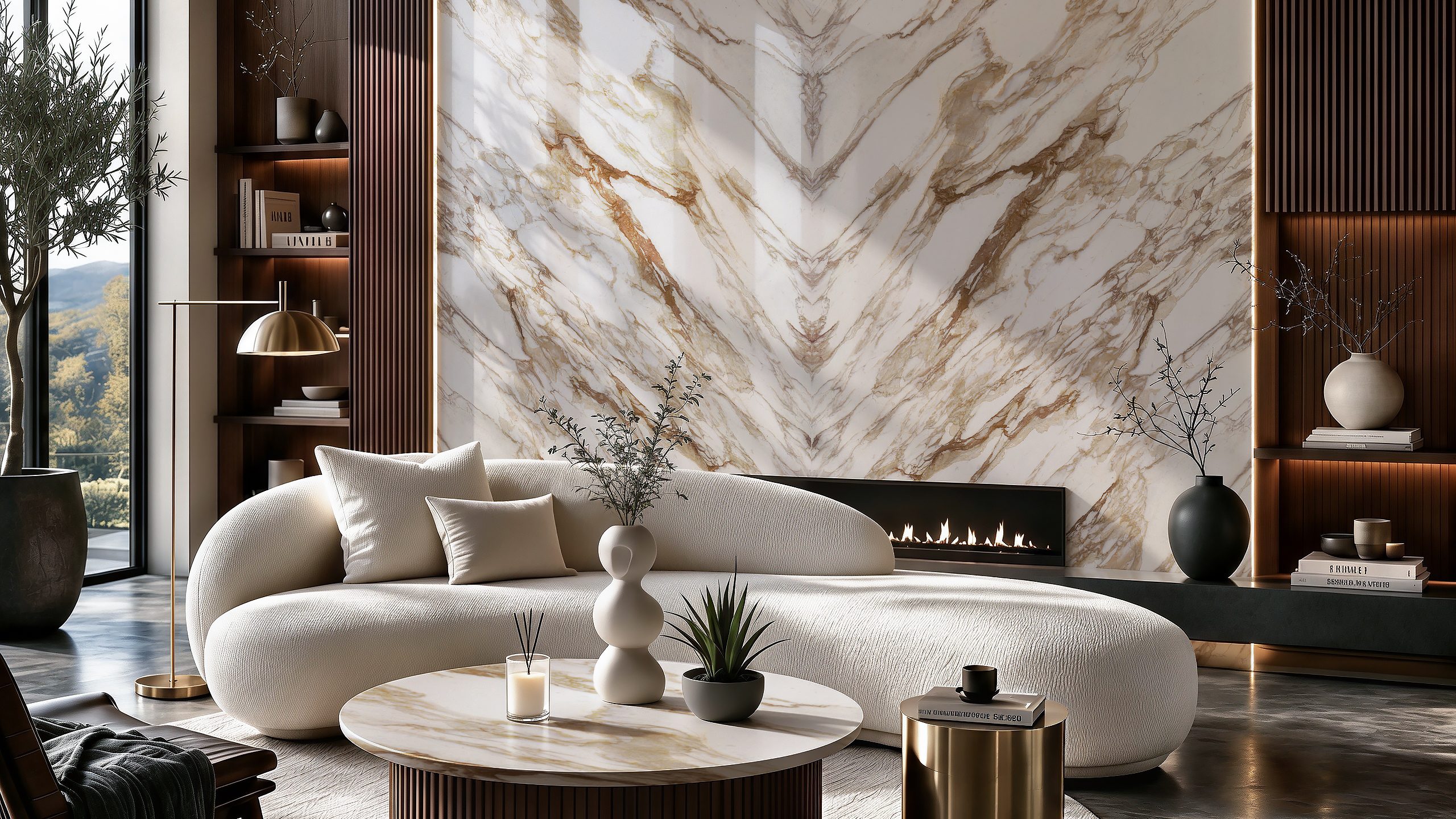 AuthTerra Calacatta Vagli Gold 9105 bookmatched feature wall with fireplace in a modern luxury living room 6