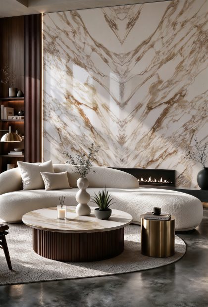 AuthTerra Calacatta Vagli Gold 9105 bookmatched feature wall with fireplace in a modern luxury living room