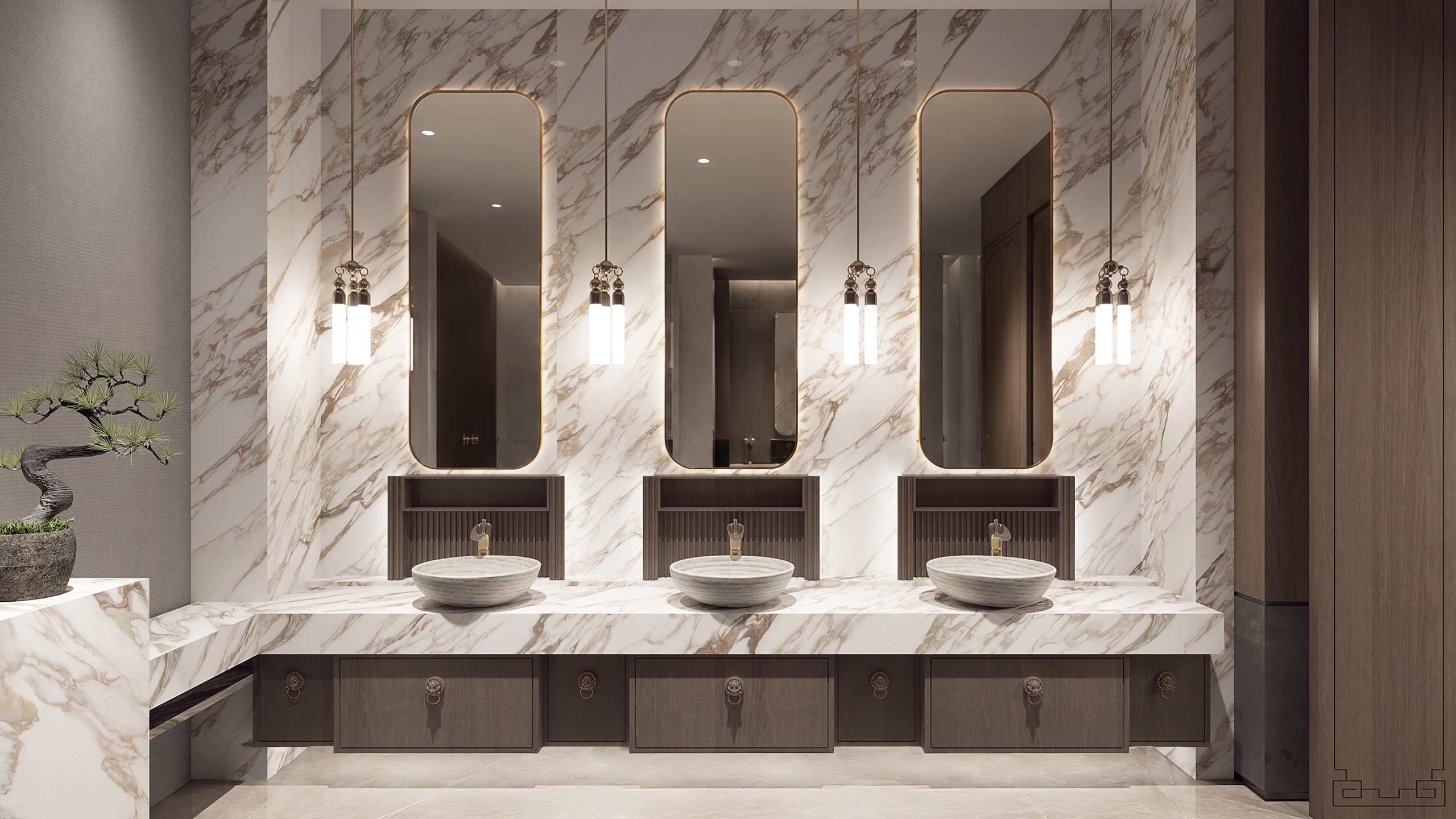 AuthTerra Calacatta Vagli Gold 9105 wall cladding and vanity countertop in a luxury commercial restroom with three sinks 7