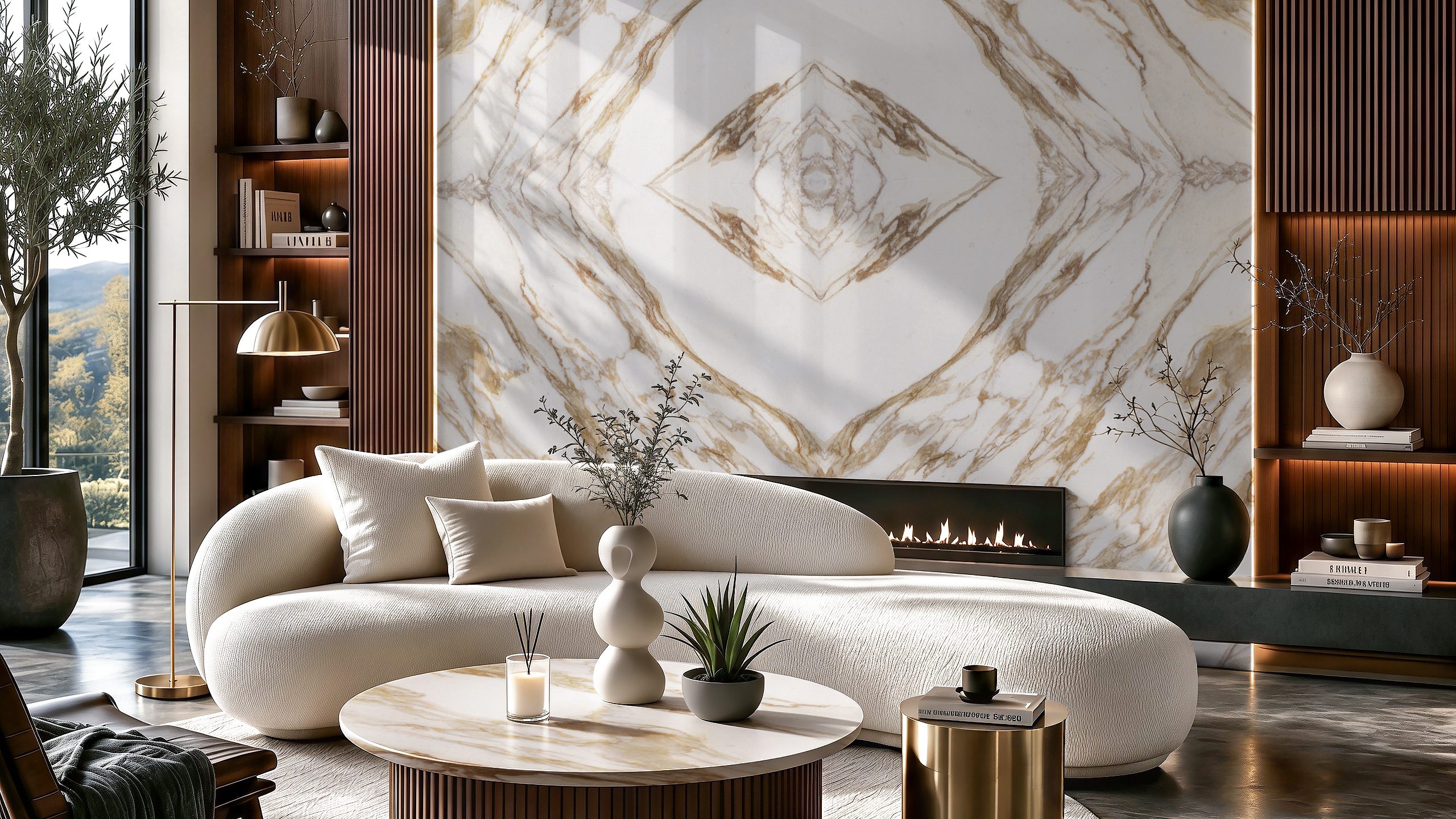 AuthTerra Calacatta Vagli Gold 9105 diamond bookmatch fireplace wall with gold veining in a modern living room 8