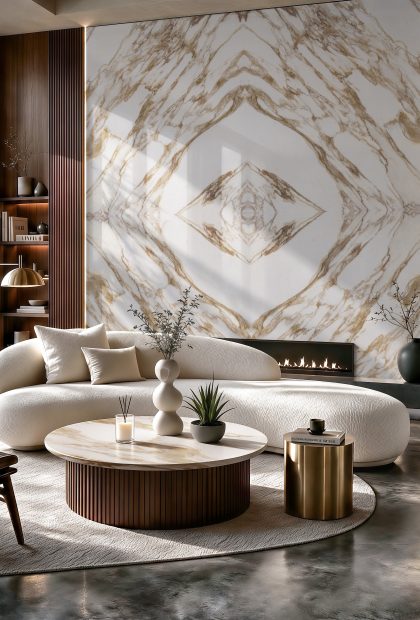 AuthTerra Calacatta Vagli Gold 9105 diamond bookmatch fireplace wall with gold veining in a modern living room