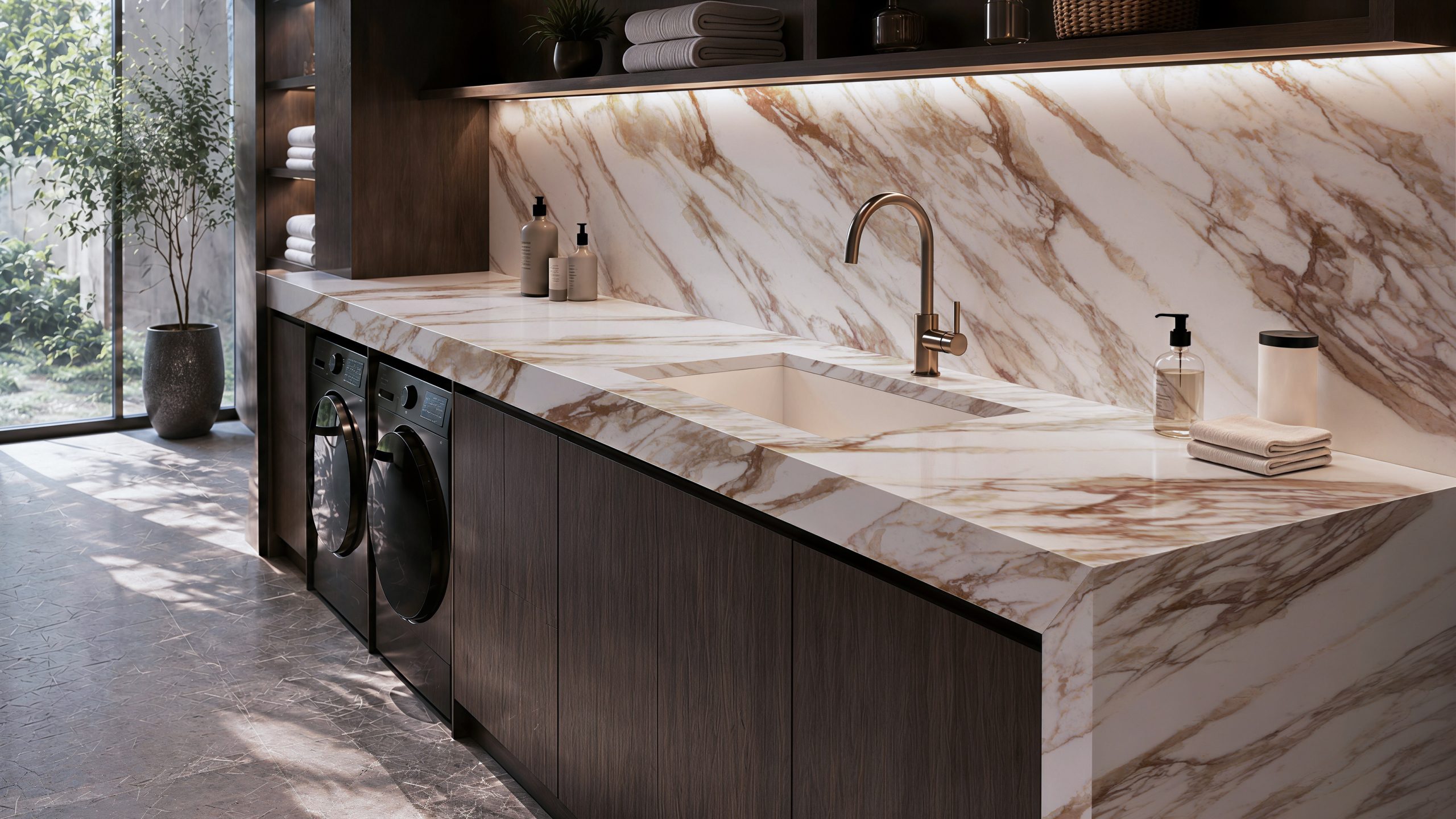 AuthTerra Calacatta Vagli Gold 9105 waterfall countertop and full-height backsplash in a modern laundry room 10