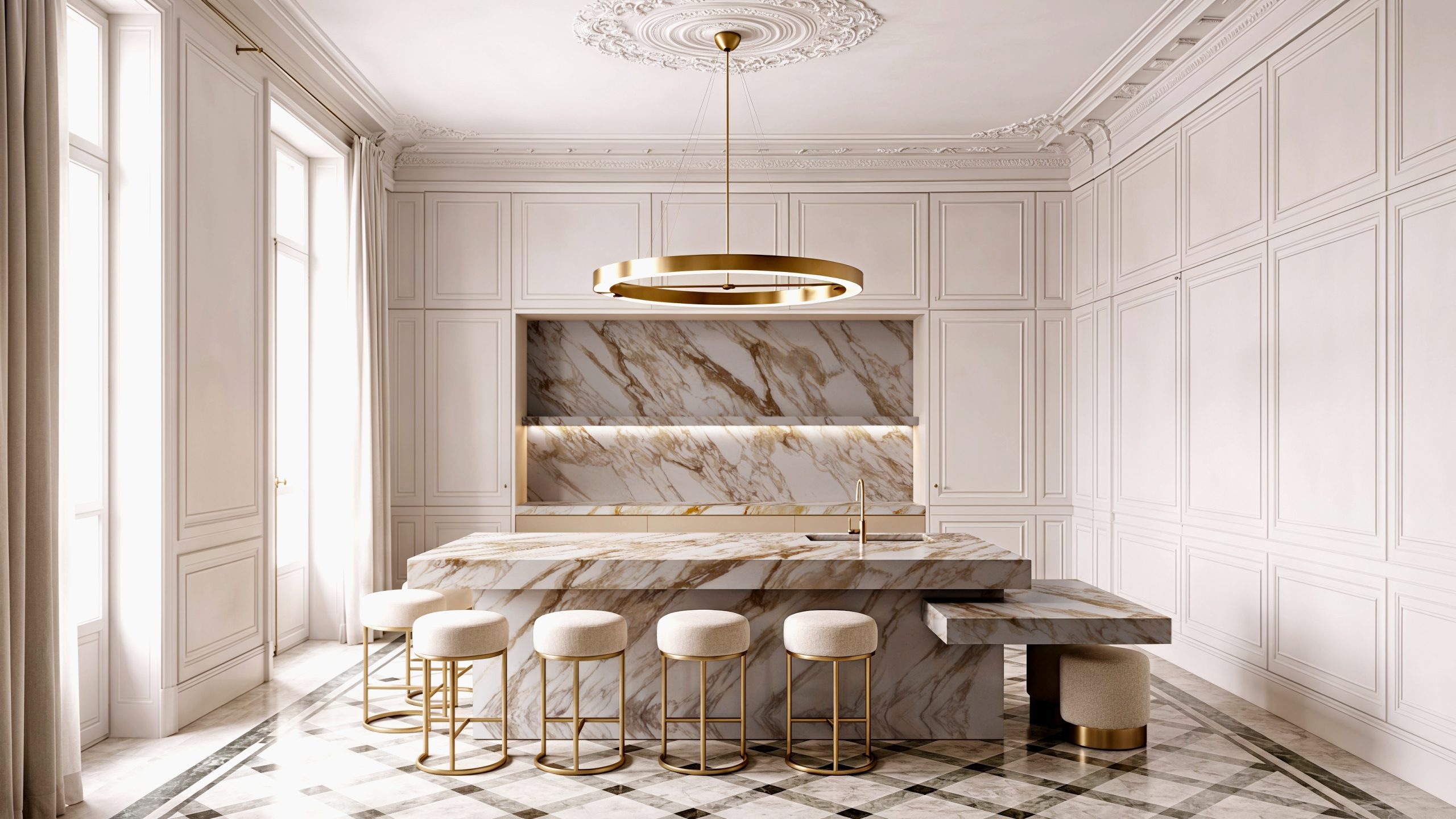 AuthTerra Calacatta Vagli Gold 9105 kitchen island and backsplash in a classic paneled kitchen with brass pendant 11