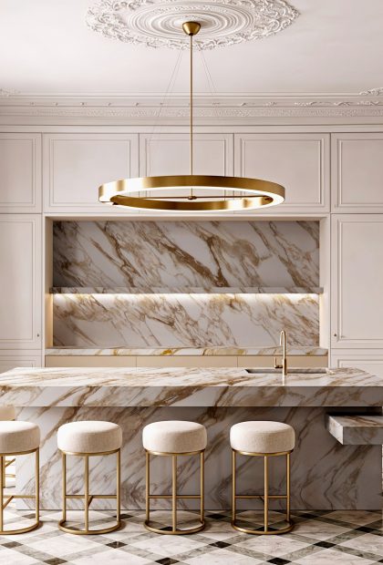 AuthTerra Calacatta Vagli Gold 9105 kitchen island and backsplash in a classic paneled kitchen with brass pendant