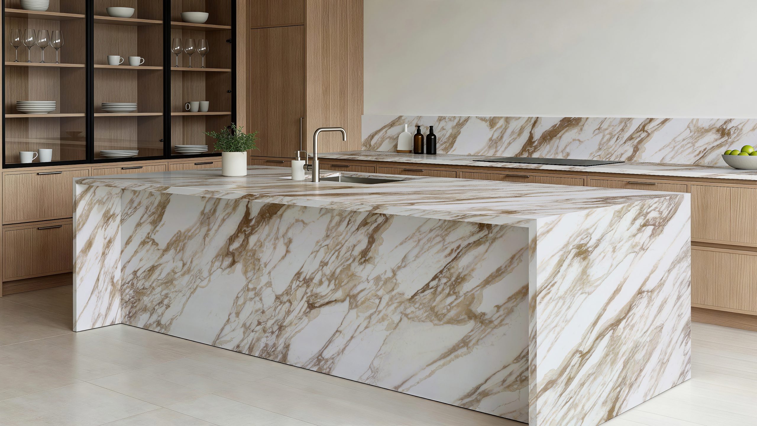 AuthTerra Calacatta Vagli Gold 9105 waterfall kitchen island and backsplash with oak cabinetry 12