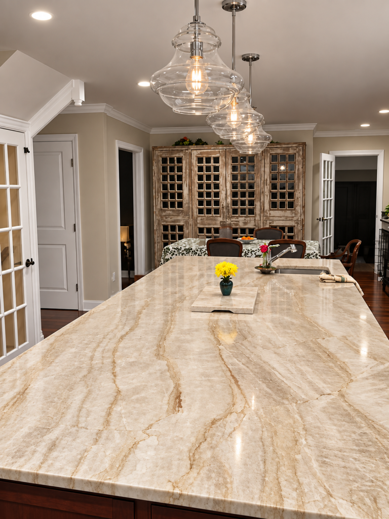 Large Taj Mahal quartzite kitchen island with warm gold veining under glass pendant lights