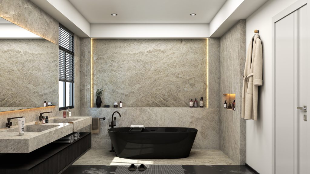 Spa-style bathroom with Taj Mahal quartzite slab walls, floating vanity and black freestanding tub