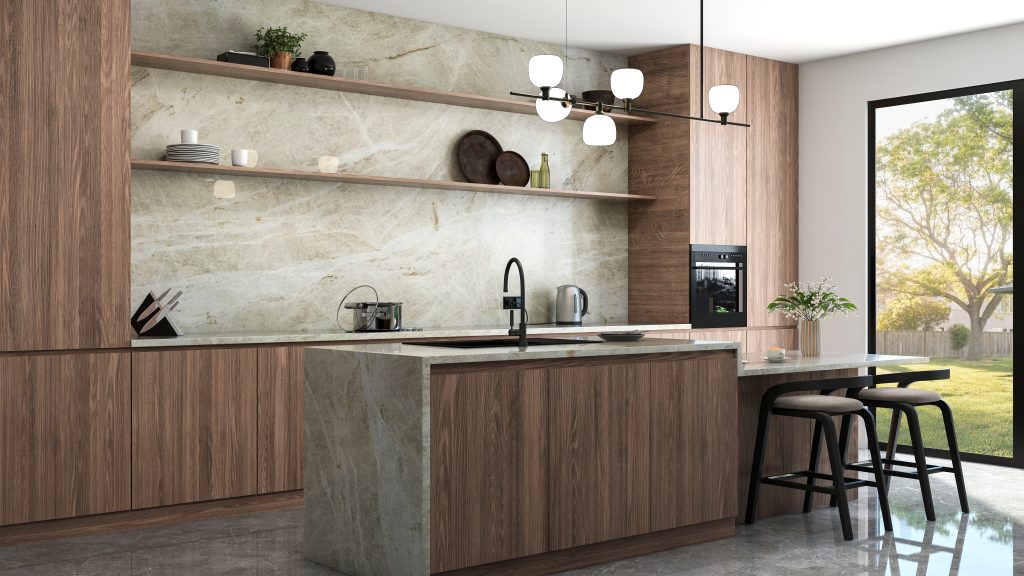 Modern kitchen with a Taj Mahal quartzite waterfall island and backsplash paired with walnut cabinets