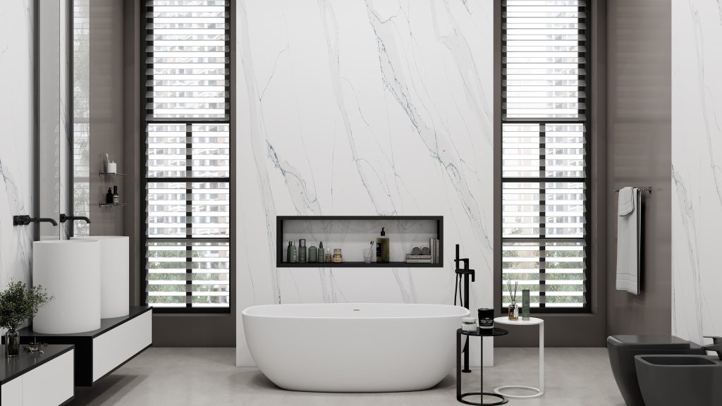 white quartz bathroom for spa-like redesign